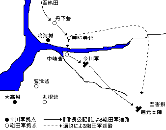 桶狭間の合戦における、信長軍の進路の図。『信長公記』の記述は、通説とかなりちがっていることがわかる。